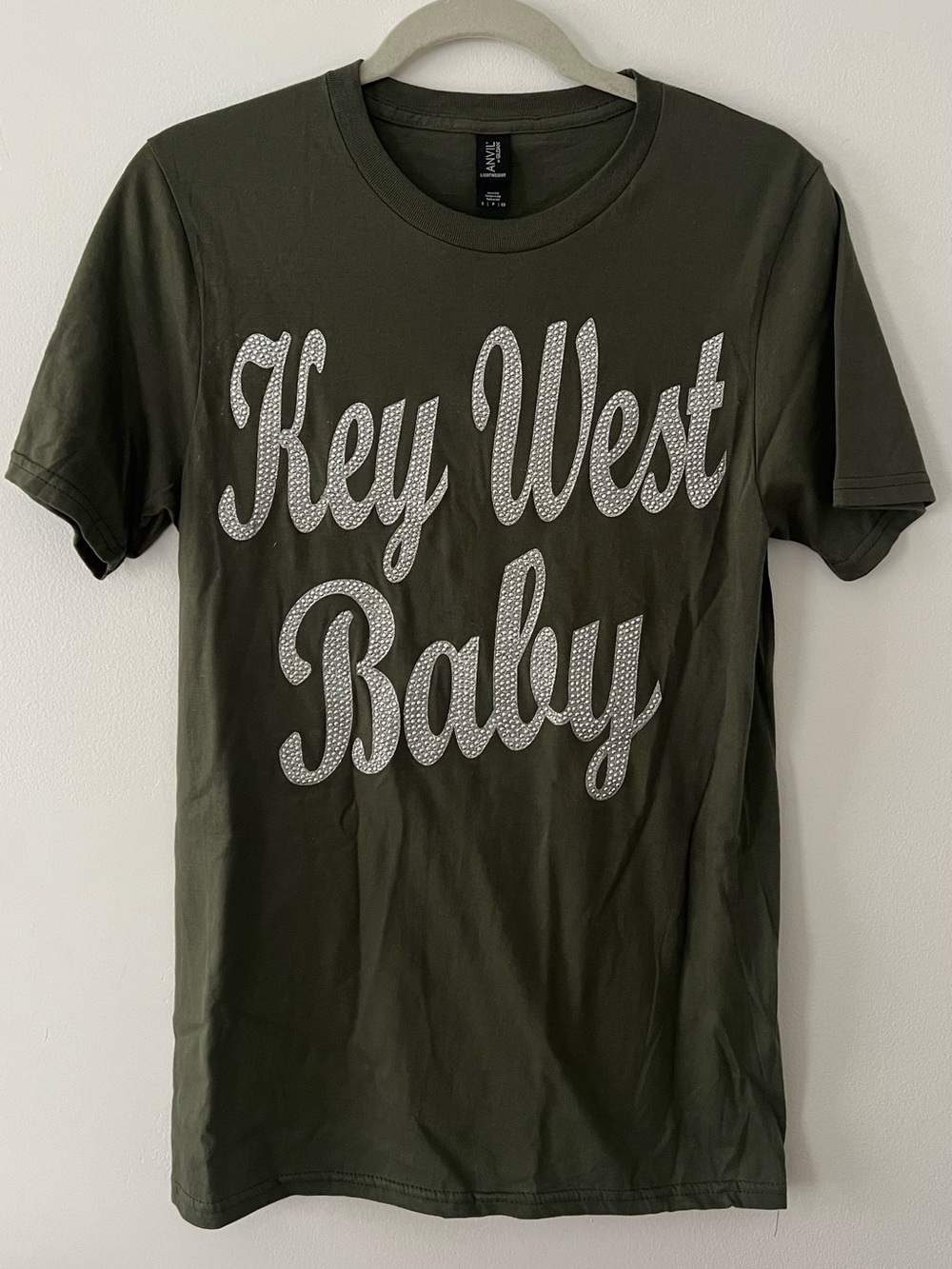 Bedazzled Key West Tee Military Green and Silver Rhinestone